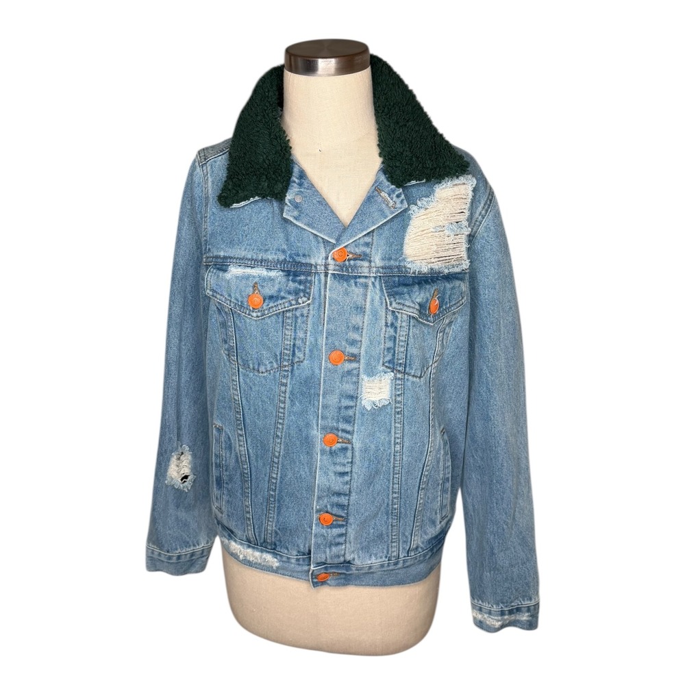 LA DETRESSE Denim Jacket Light Blue Distressed Sherpa Collar Women's Size Medium